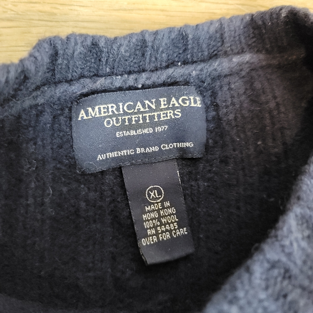 American Eagle Sweater Cable Knit Blue Wool Crew Neck Long Sleeve Pullover XL - Picture 3 of 7